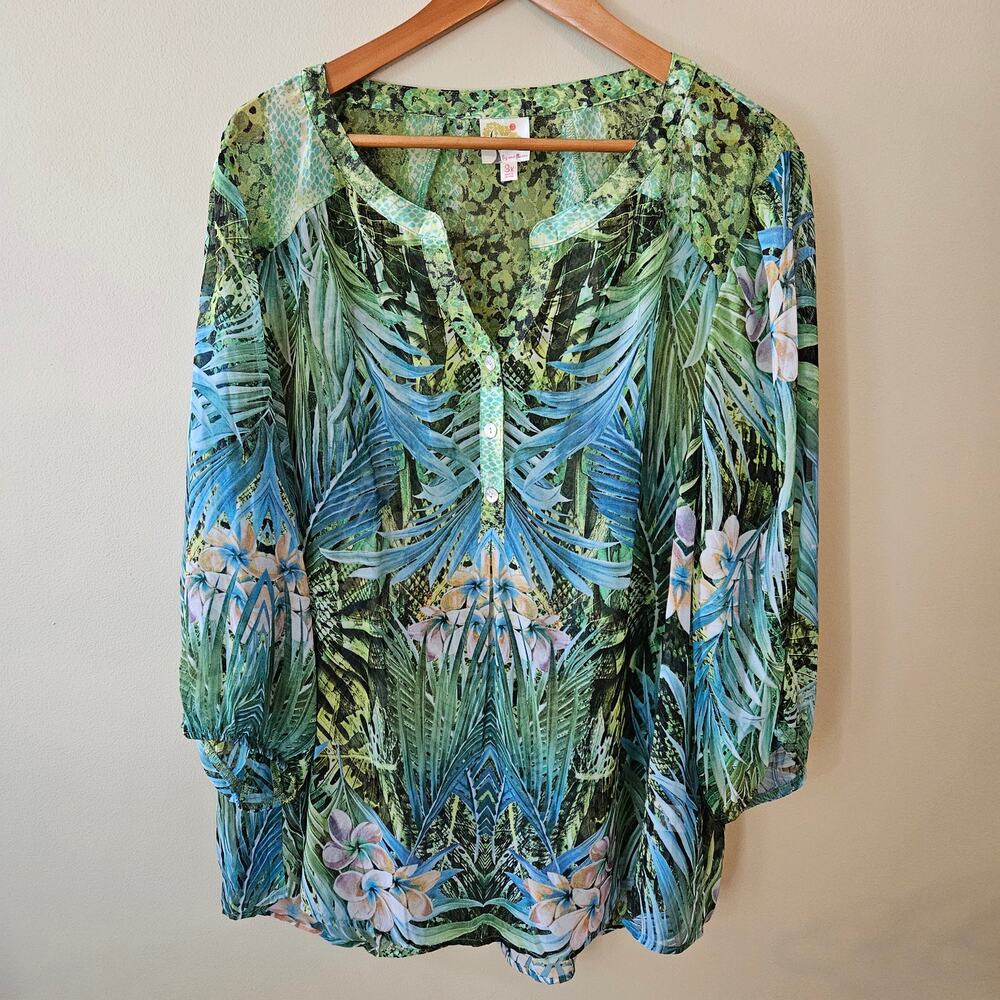 Fig and Flower Women's Popover Blouse Size 3X Tunic Sheer Tropical Fairy Boho